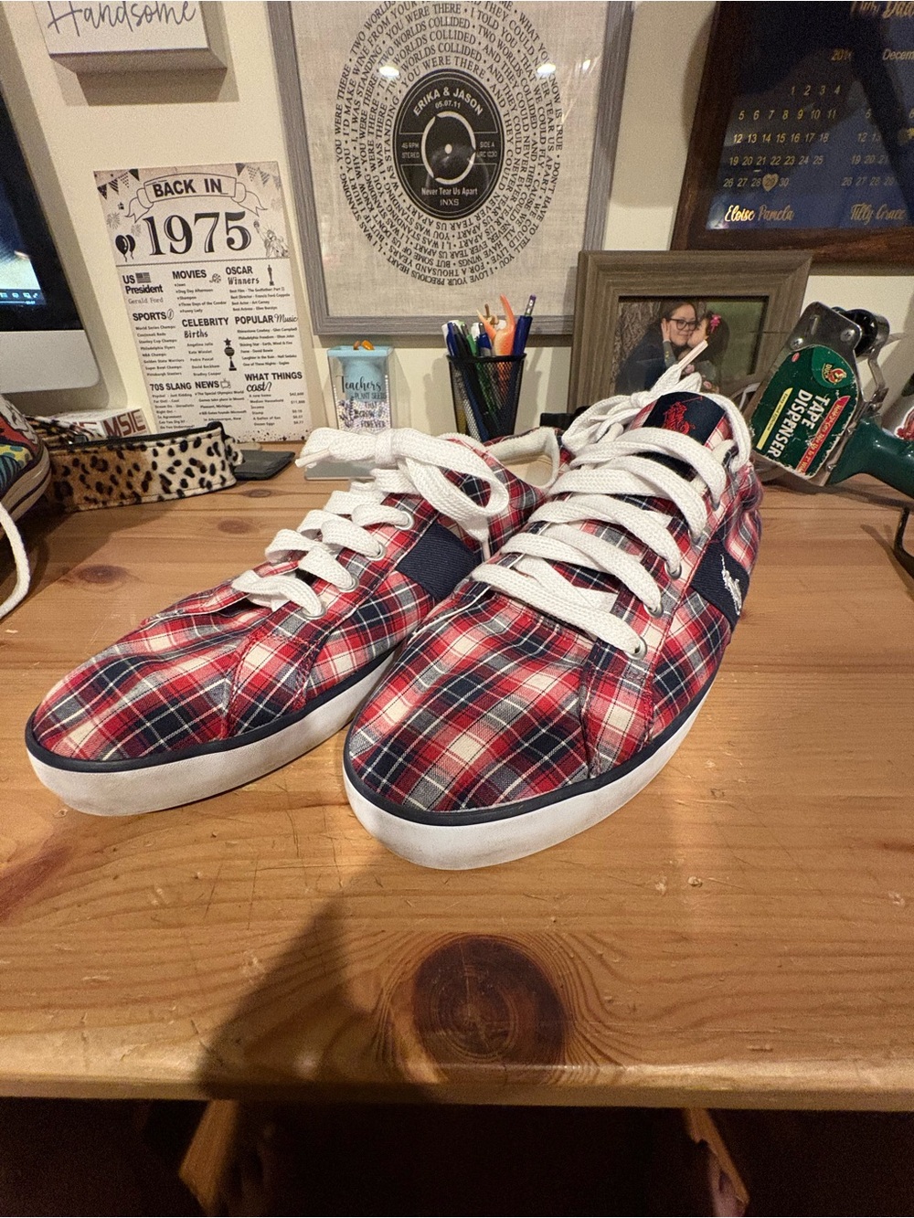 Polo by Ralph Lauren Red and Navy Plaid Low-Top Sneakers with White Laces